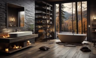 Grey and white bedroom with two white sinks and bathtub on marble floor near window. Side view of bathroom furniture and bed on background, 3D rendering no people